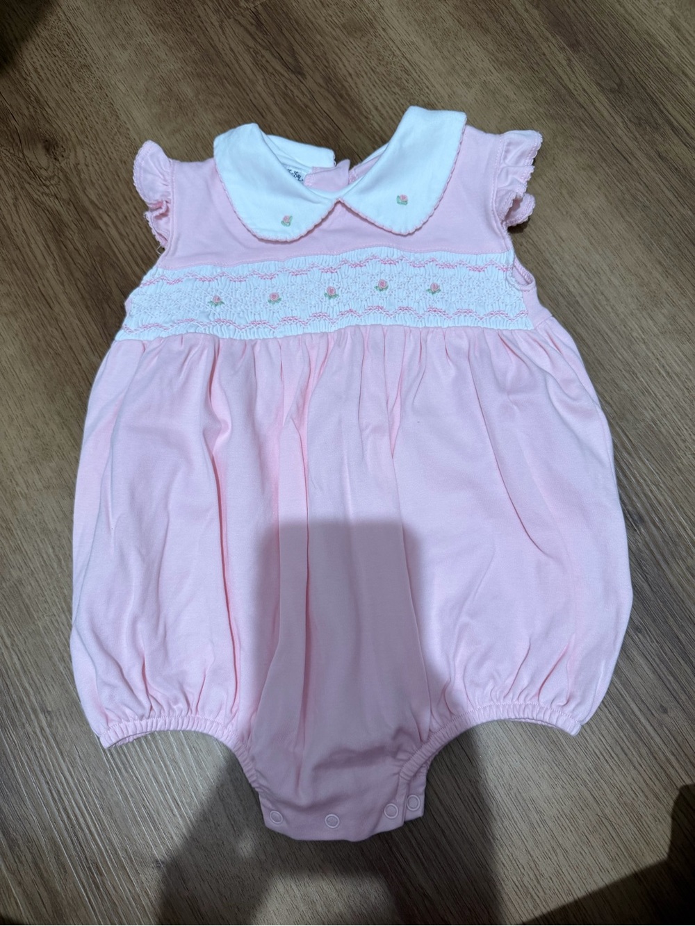 Pink Smocked Baby One-Piece with White Peter Pan Collar